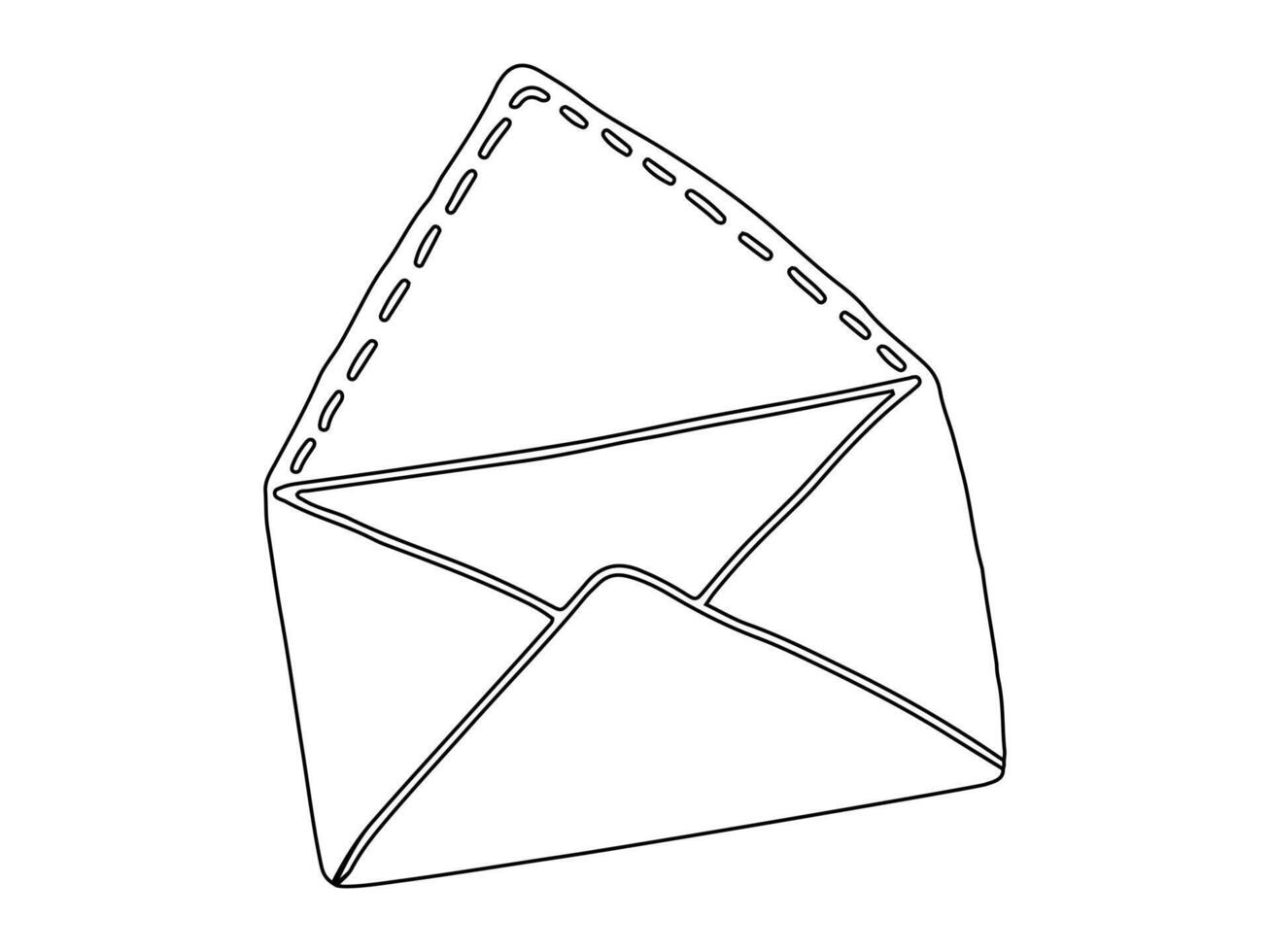 Black Outline Drawing of Open Envelope isolated on white background. Concept of Mail Icon, Postal Service, Communication, Hand-Drawn Illustration. Design Element for Stationery, Invitations, Business vector
