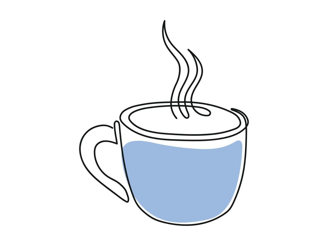 Line art of Blue hot cup with steam. Coffee or tea mug Isolated on white background. Continuous one line drawing. Concept of hot beverage, Morning drink, Minimalist Style, Design Element, Icon, Print vector