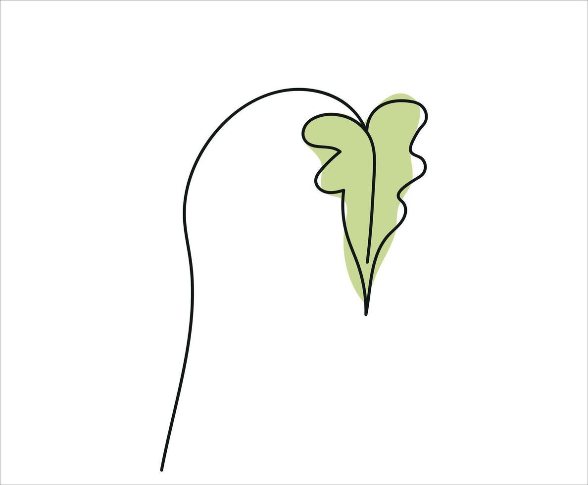Continuous one line drawing of green leaf isolated on white background. Line art. Plant, greenery. Concept of nature, ecology, organic shapes, botanical art, eco-friendly decor. Design element, print vector