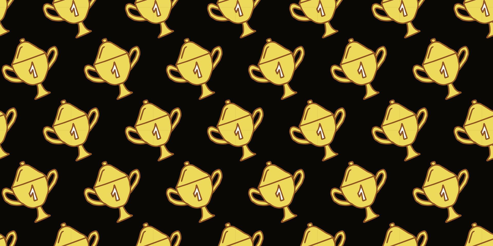 Seamless Pattern of Golden trophy Cups with Number One on Black Background. Concept of Success, Achievement, Award Trophies, Winning, victory, prize, first place award. Wallpaper, Textile, Print vector