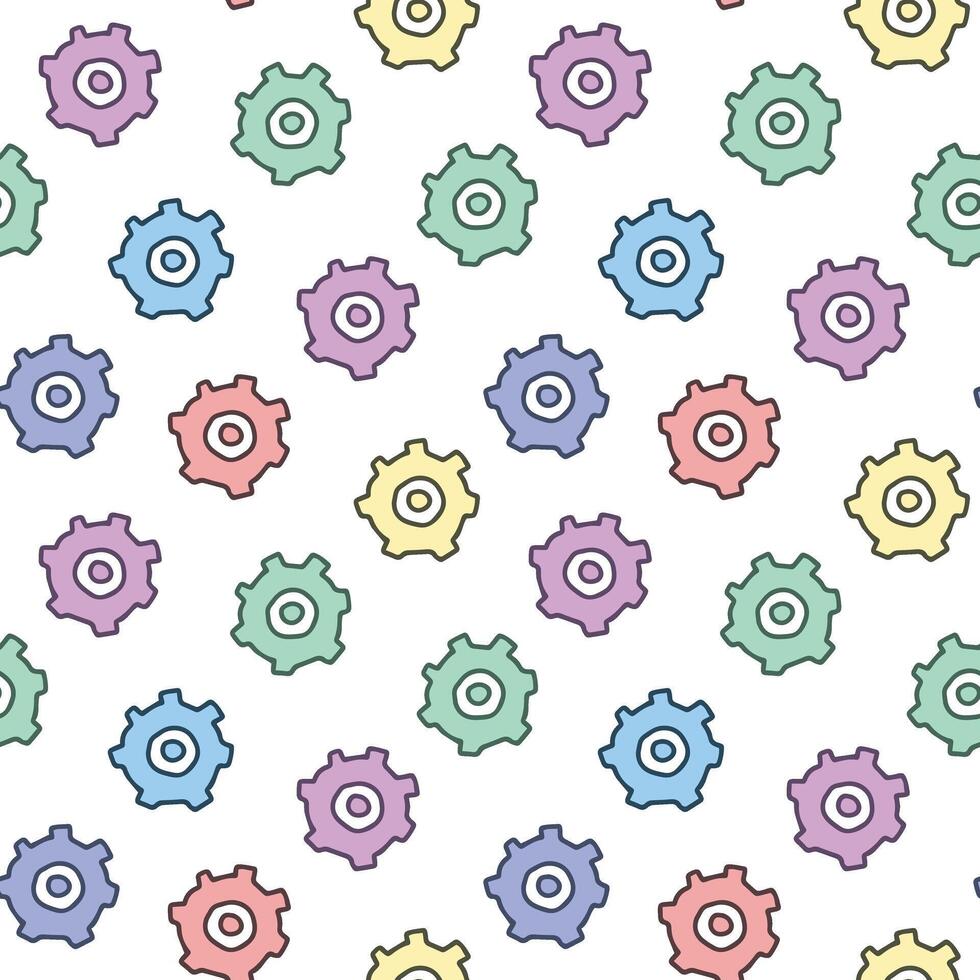 Seamless Pattern of Gears on White Background. Concept of Cute Industrial Design, Colorful Machine Parts, Engineering Tools, Repetitive Motif. Textile and Wallpaper Element. Wrapping paper, Print vector