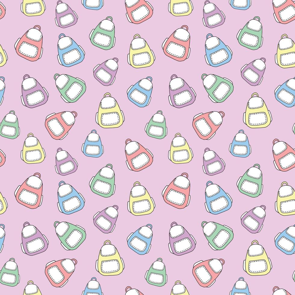 Seamless pattern with colorful backpacks isolated on pink background. Concept of school accessories, student gear, travel, and tourism. Modern design element for textiles, wrapping paper, stationery vector