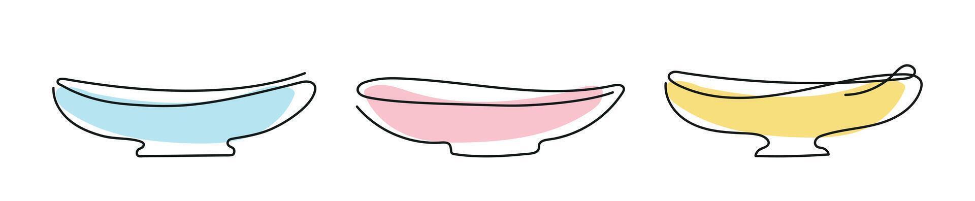 Set of Minimalist Line Art Colorful Bowls Isolated on white background. Continuous one line drawing. Empty plates. Concept of Kitchenware, Black Outline, dish, platter. Print, Icon, Design Element vector