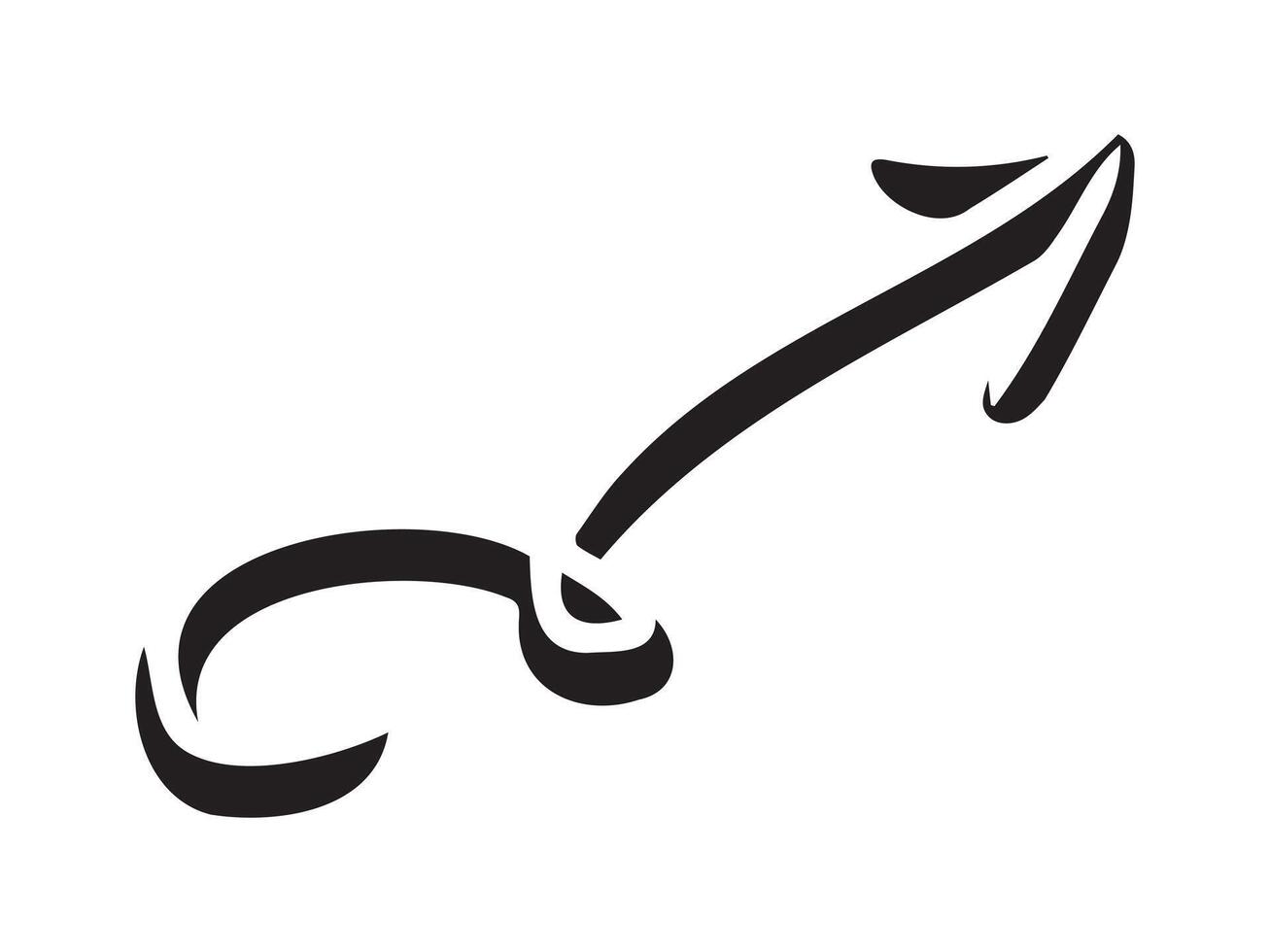 Hand-drawn curved volumetric black arrow isolated on a white background. Concept of direction, navigation, pointers, movement. Design element, symbol, and sign. Doodle style, sketch vector