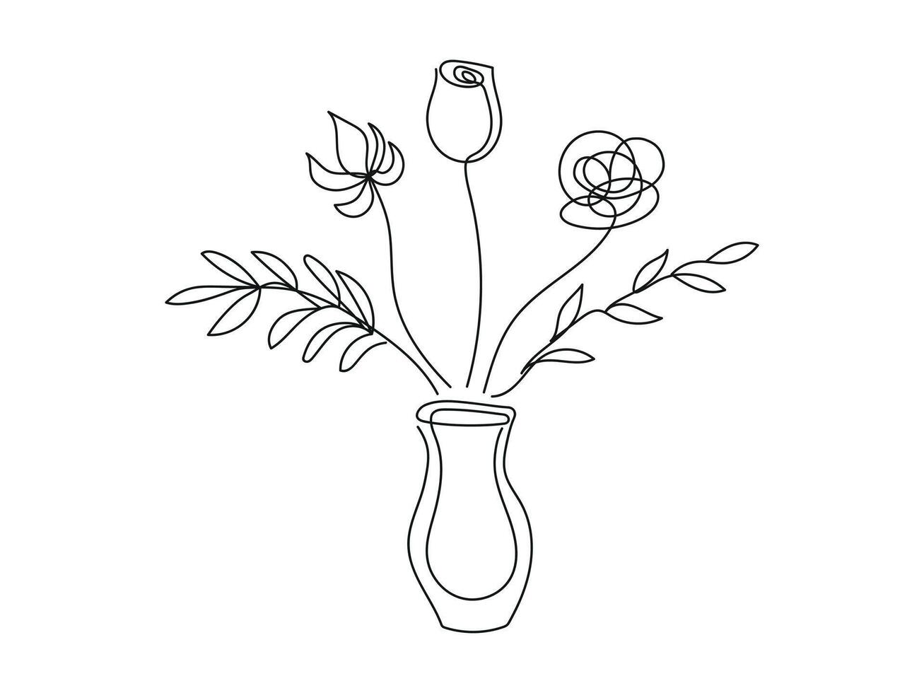Minimalist Floral Illustration with Tulip and Rose in Vase. Bouquet of flowers isolated on white backdrop. Continuous one line drawing. Hand drawn Botanical Line Art. Home Decor Element vector