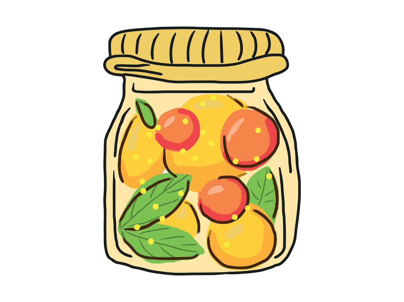 Colorful Jam in Glass Jar with Berries and Fruits isolated on white background. Concept of Fruit Preservation, Homemade Treats, Natural Ingredients, canned preserves. Vibrant Hand-drawn art vector