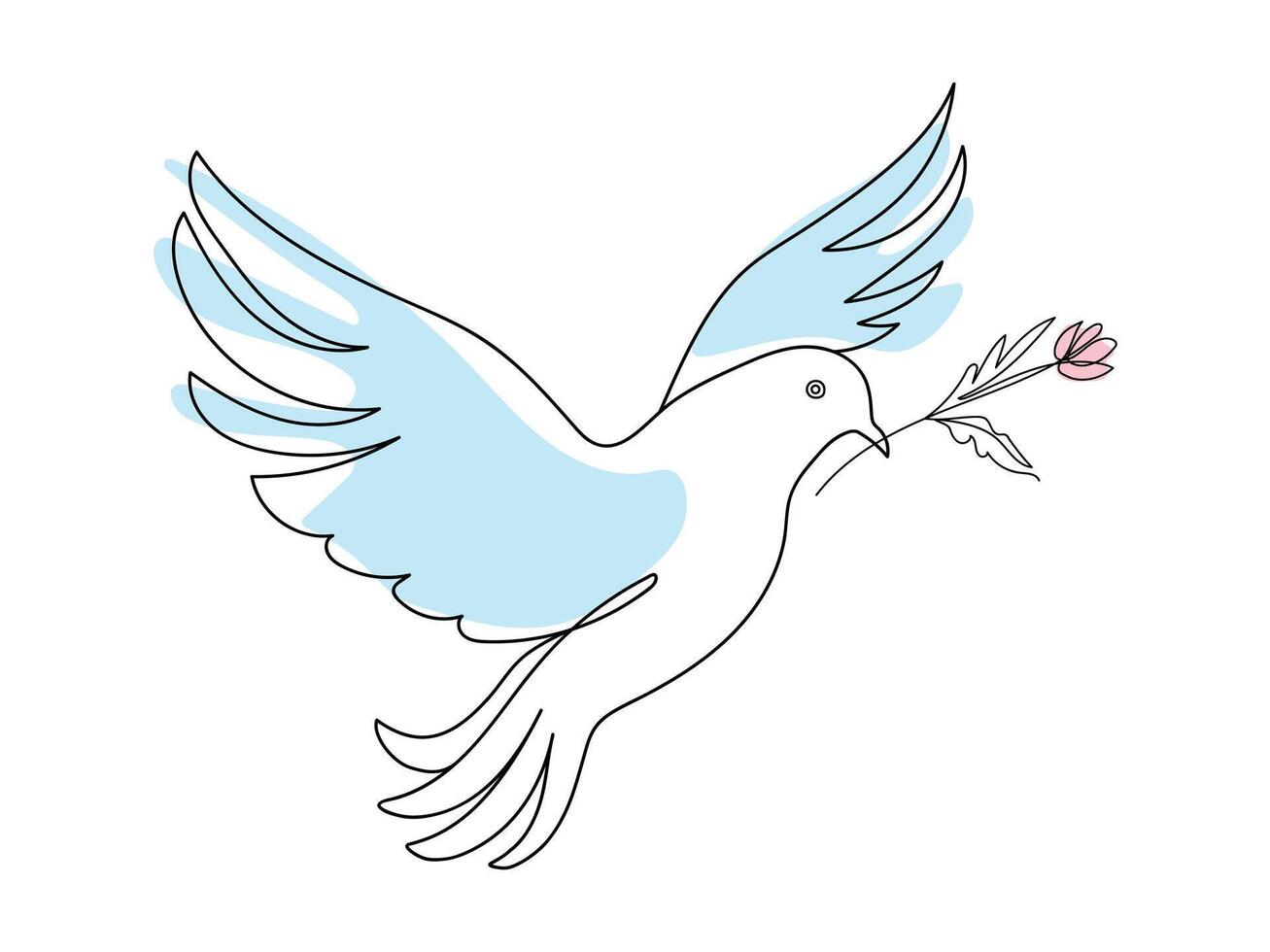 Continuous one line drawing of pigeon in flight with pink flower Isolated on white background. Dove of peace. Line art. Concept of freedom, hope, Peace Symbol, Design element, Icon, Print vector