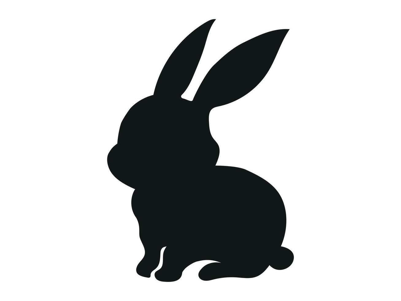 Black Silhouette of Rabbit Isolated on White Backdrop. Easter Bunny. Simple black icon of hare. Concept of Cute Animal Illustration, Minimalist Style. Design Element, Icon, Print, Logo vector