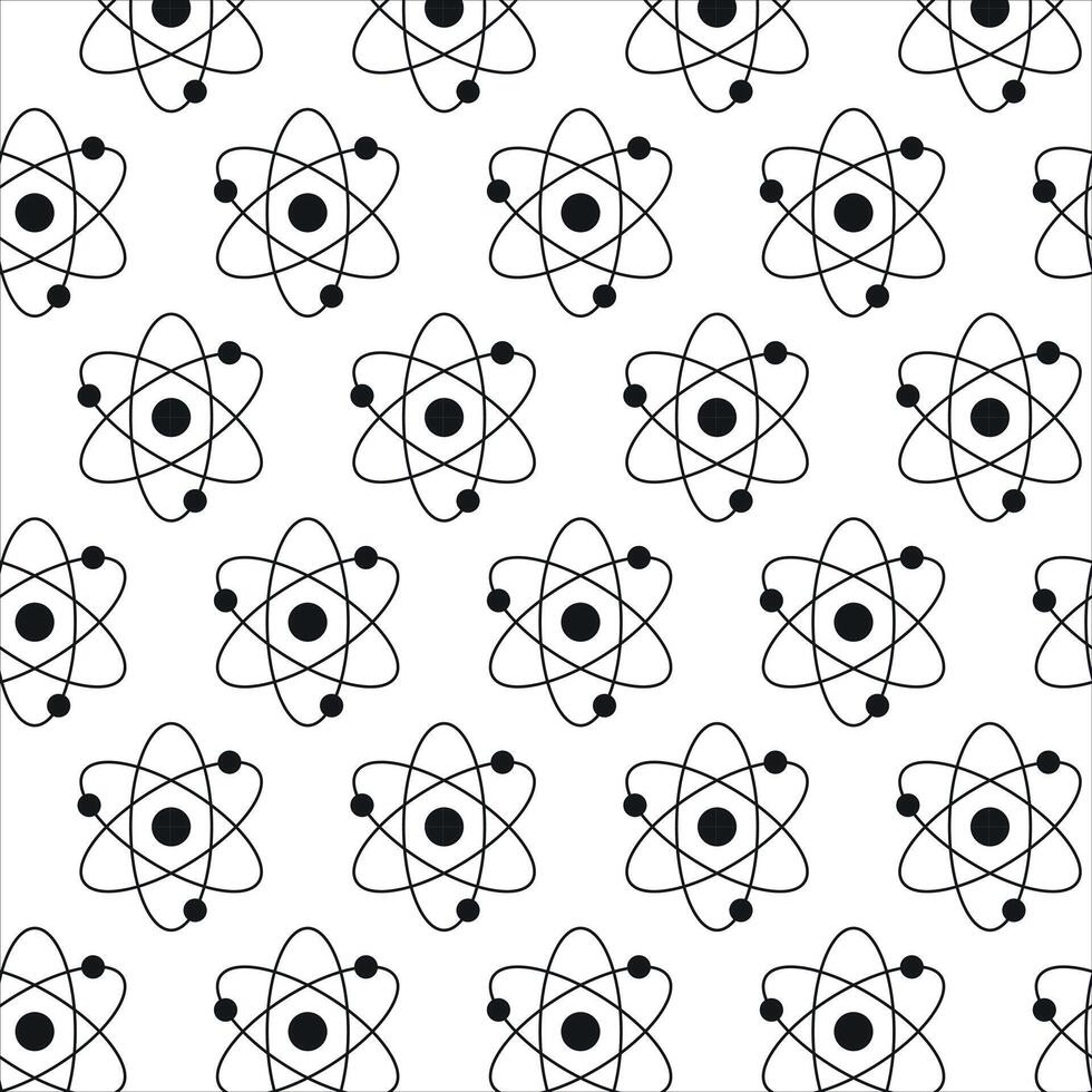 Seamless Black Atom Pattern on White Background. Concept of Science Illustration, Atomic Structure, Chemistry, Physics. Educational Design Element, Scientific Wallpaper, Wrapping paper, Print vector