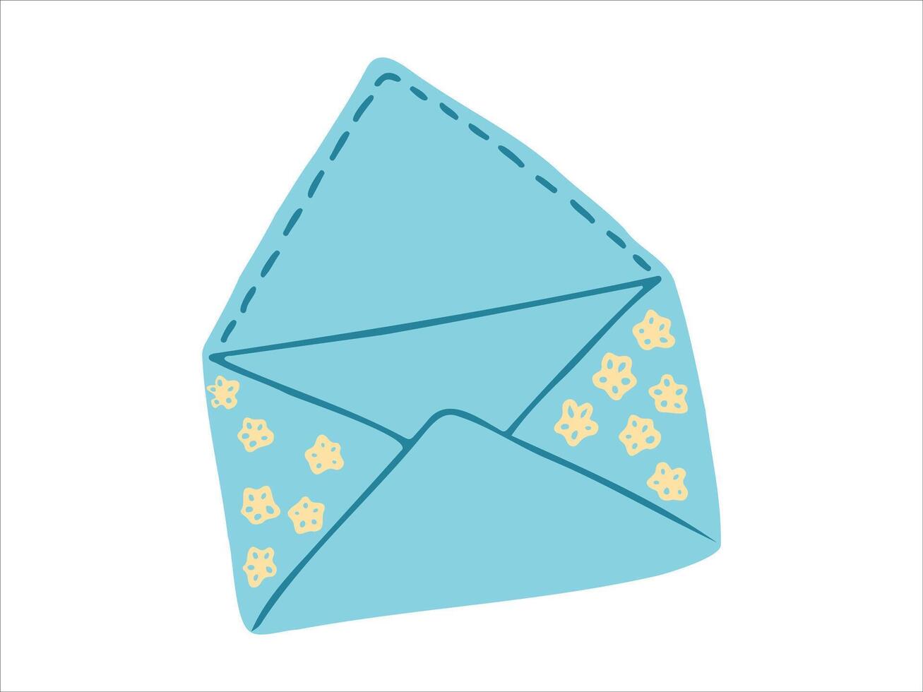 Illustration of an Open Blue Envelope with Floral Patterns isolated on white background. Concept of Stationery, Cute Design, Handcrafted Style, Communication Icon, Paper Craft, Invitation. Print vector