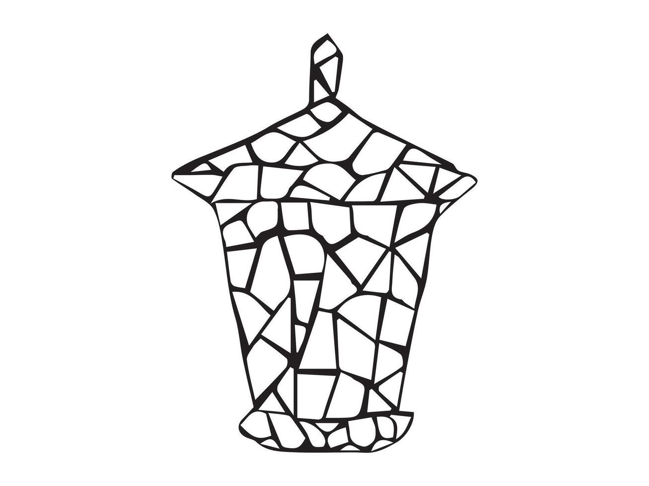 Black and white outline mosaic style lantern illustration isolated on white background. Concept of decorative lighting, abstract patterns, vintage design, monochromatic art, street lantern, light vector