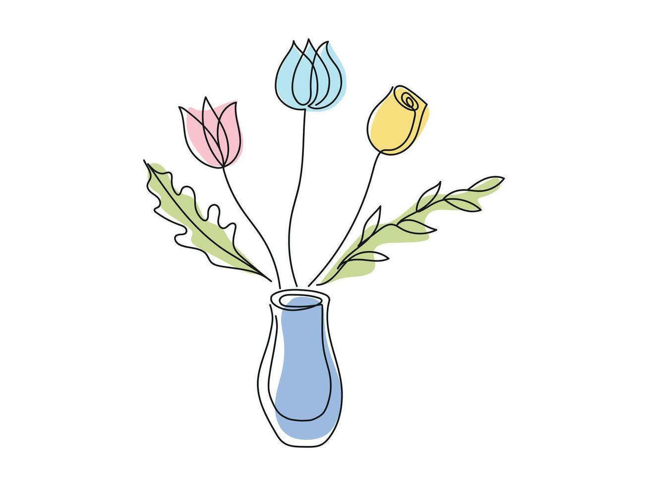 Minimalist Floral Illustration with Tulip and Rose in Vase. Bouquet of flowers isolated on white background. Continuous one line drawing. Colored Line Art. Concept of Botanical Art, Home Decor Element vector