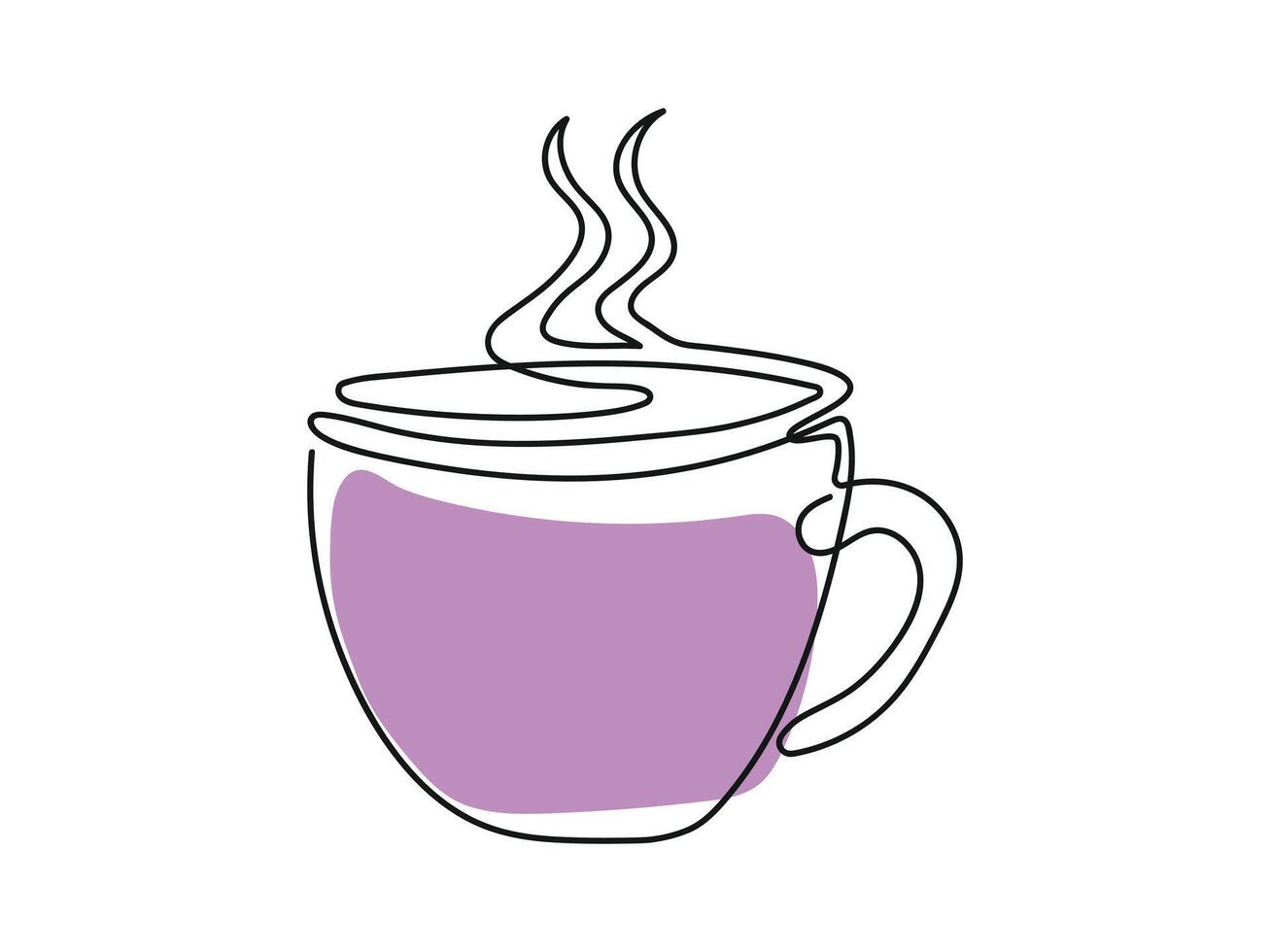 Line art of Purple hot cup with steam. Coffee or tea mug Isolated on white background. Continuous one line drawing. Concept of hot beverage, Morning drink, Minimalist Style, Design Element vector