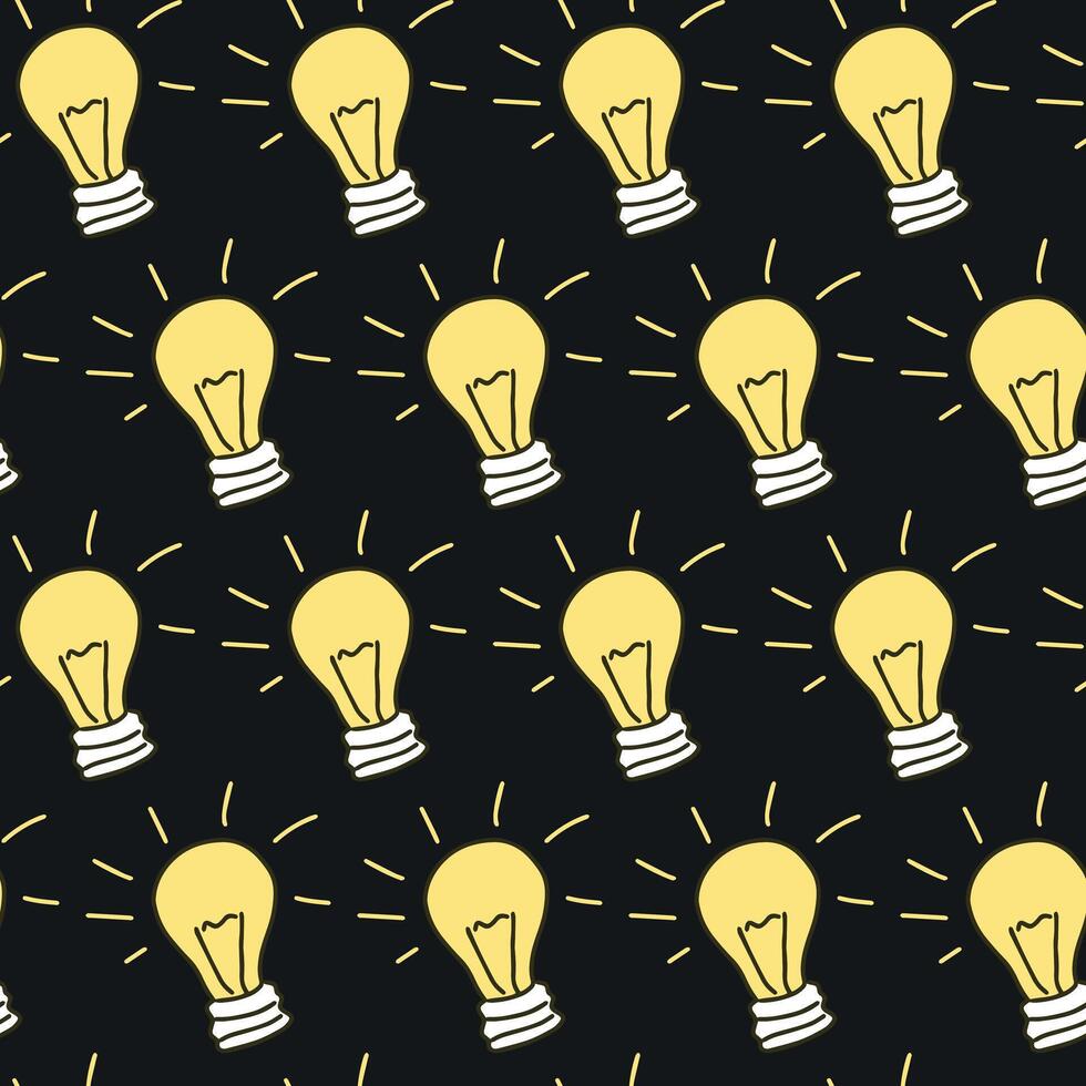 Seamless Pattern of Glowing Light Bulbs on Black Background. Concept of Innovation, Bright Ideas, Creativity, Electrical Design. Art, Decoration, graphic design, inspiration symbol. Background vector