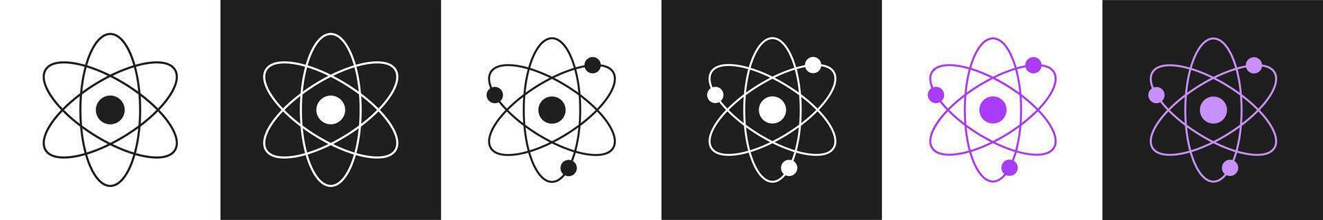 Abstract atomic icons set isolated on black and white background. Concept of science illustration, molecule, physics, nuclear symbol. Modern design, educational graphic, atom representation. vector