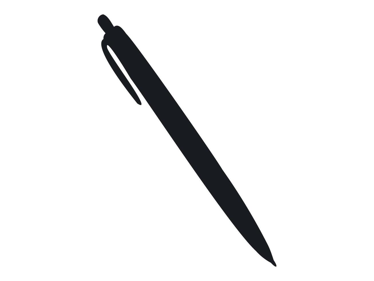 Black silhouette of a pen isolated on a white background. Concept of writing tool illustration, stationery item, minimalist style, office supply. Print, icon, design element vector