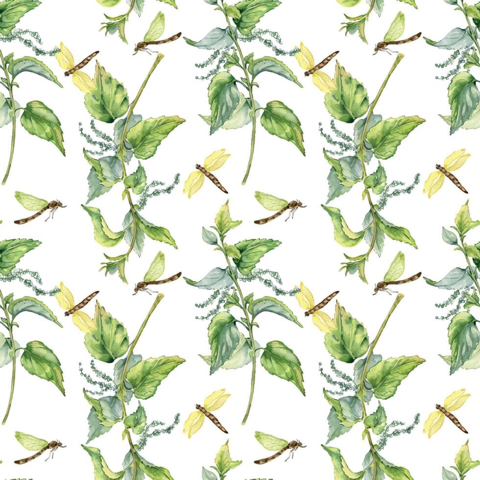 Nettle herbal plant with dragonfly seamless pattern isolated on white. Illustration of stinging plant Urticaria dioica hand drawn. Print of useful herb. Design for textile, package, wallpaper. vector