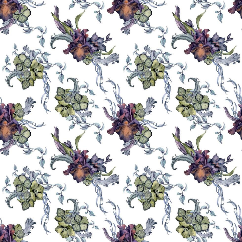 Gothic flowers seamless pattern drawn. Dark botanical print with lily, iris. Black floral watercolor illustration and feathers isolated on white. Element for package, wedding, Valentine background. vector