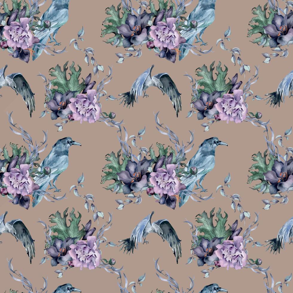 Gothic floral seamless pattern with crow drawn. Black lily, peony and leaves watercolor illustration isolated on pink. Dark botanical decoration with black birds. Element for invitation, background. vector