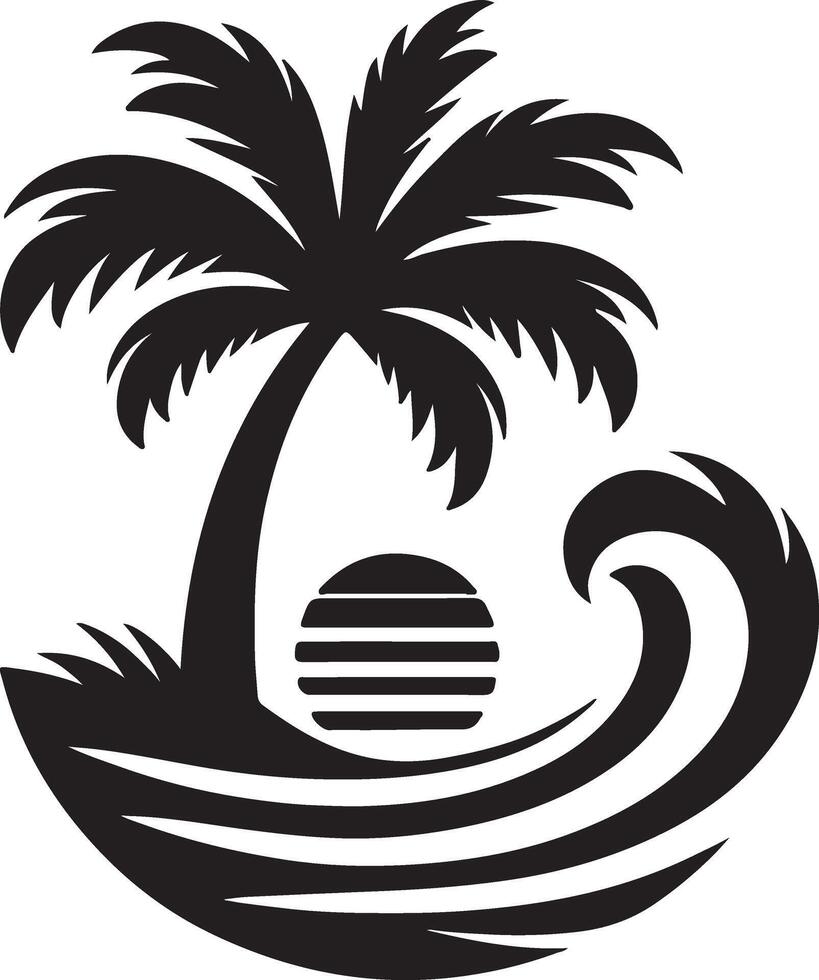 Silhouette Style with Palm Tree, Waves, and Dolphin vector
