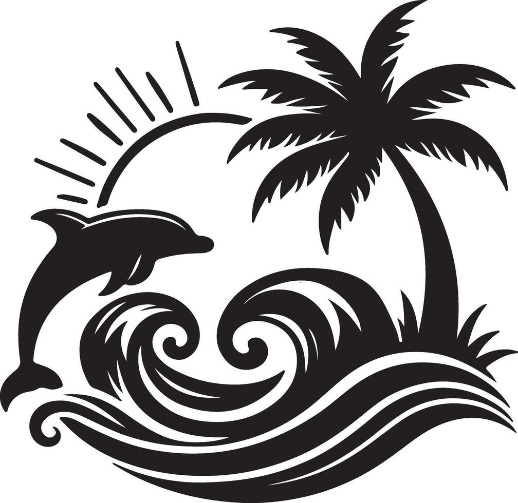 Elegant Beach Logo Design, Palm Tree and Dolphin Silhouettes on Transparent Background vector