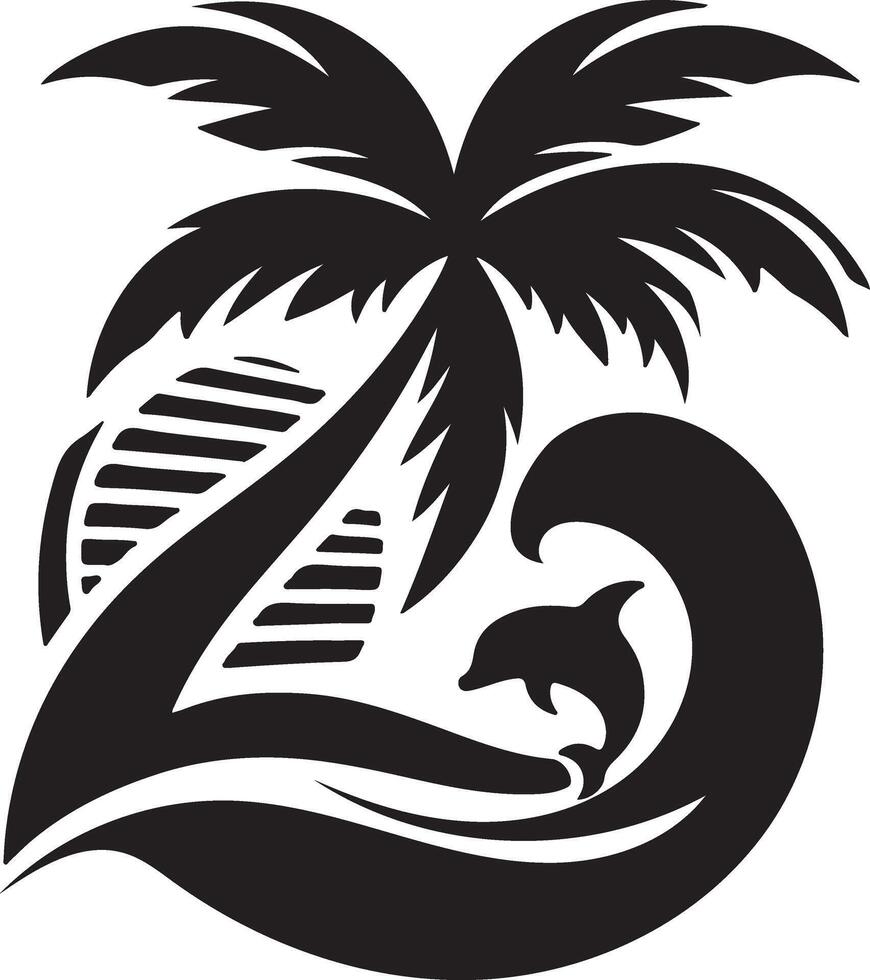 Minimalist Tropical Logo, Palm Tree and Dolphin in Silhouette with Ocean Waves vector