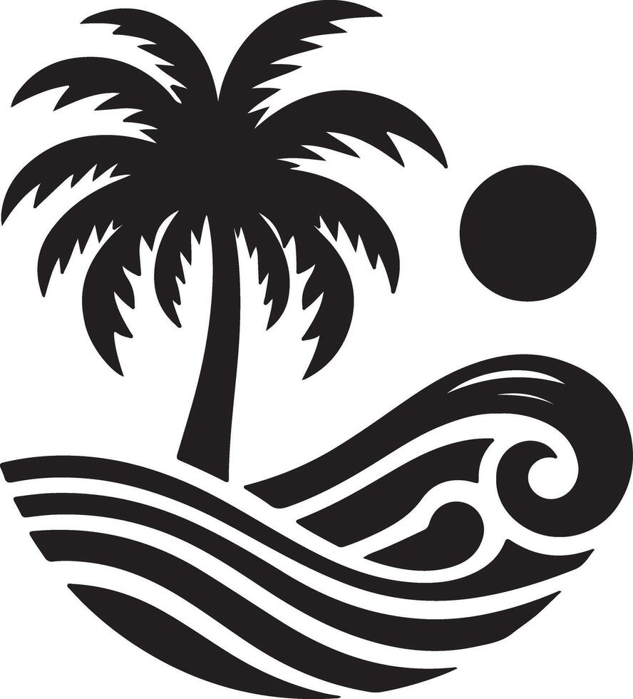 Tropical Vibes Palm Tree, Water Wave, and Dolphin Silhouette Logos vector