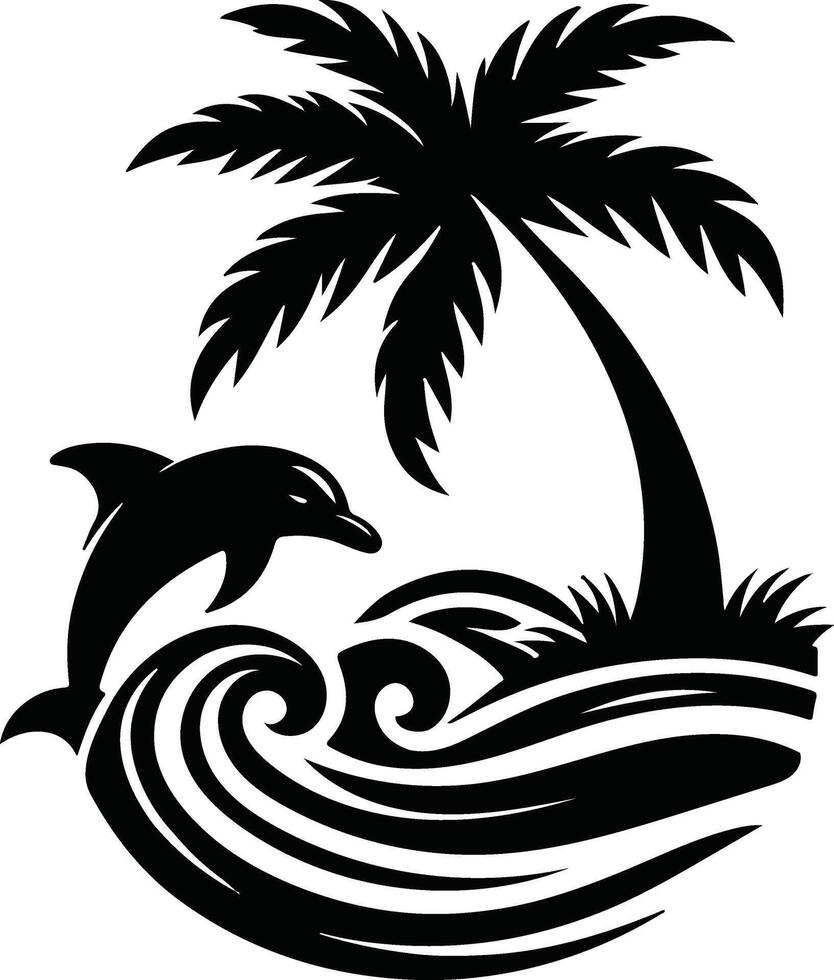Coastal Paradise Logos Palm Tree and Dolphin Silhouette with Waves vector
