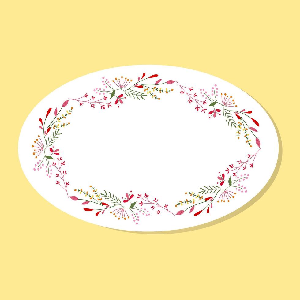 Oval floral frame on yellow background. Nice flat flowers with leaves wreath. Isolated illustration. vector