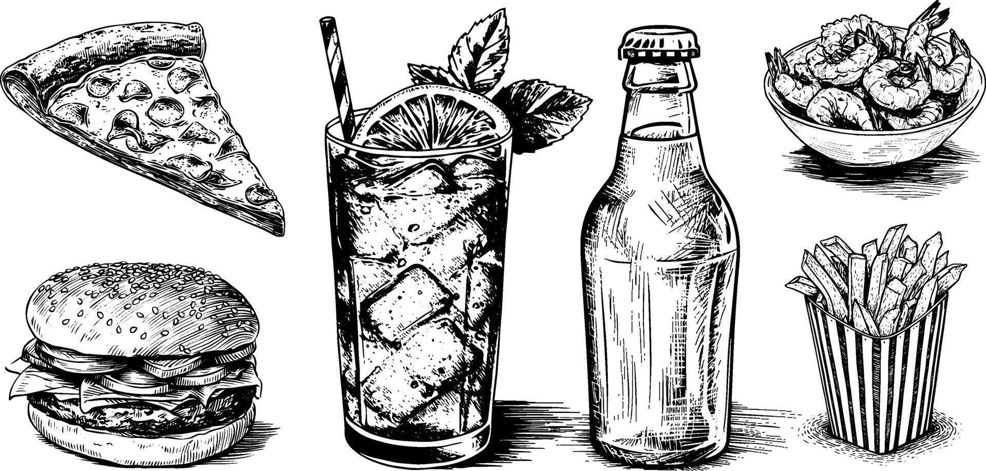 Sketch Illustration of Burger, Pizza, Shrimp, and Lemonade Hand Drawn Food and Drink Set. vector