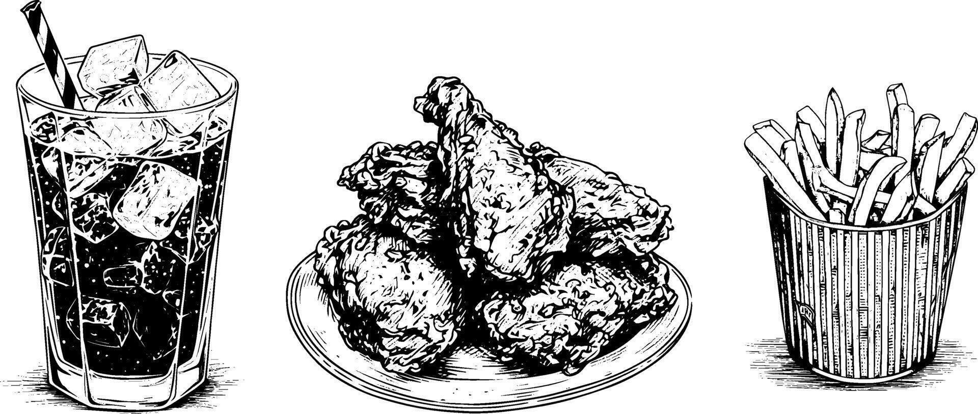 Sketch Illustration of French Fries, Chicken Wings, and Soda. Hand Drawn Vintage Food and Drink Set. vector