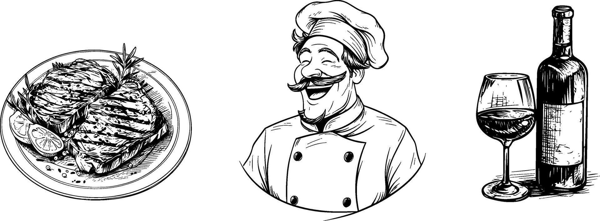 Vintage Chef with Wine and Steak Set, Woodcut Concept Engraved Restaurant Design. vector