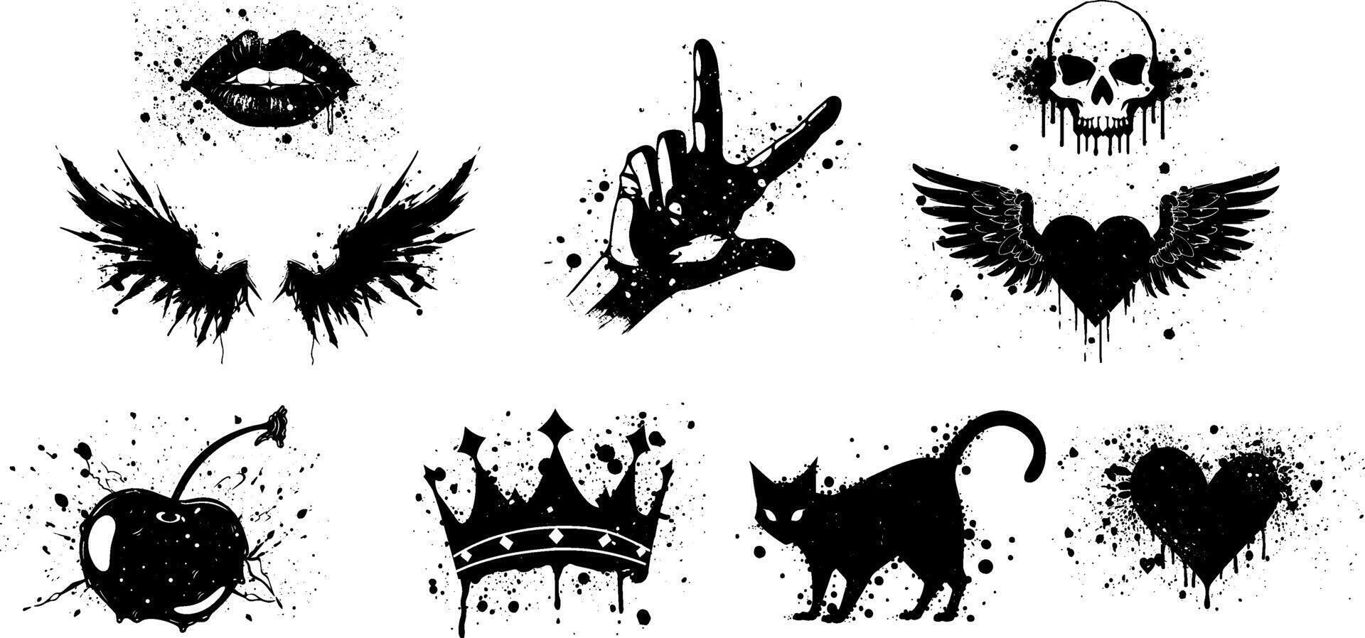 graffiti art set of black cat, wings, lips, cherry, scull, crown, heart. Punk style pack. vector
