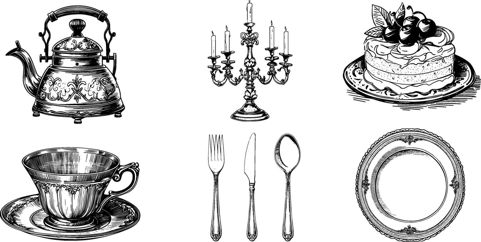 Vintage Tea Set Illustration Kettle, Cup, Cake, Cutlery, and Sponge Tart Hand-Drawn Engraved Style. vector