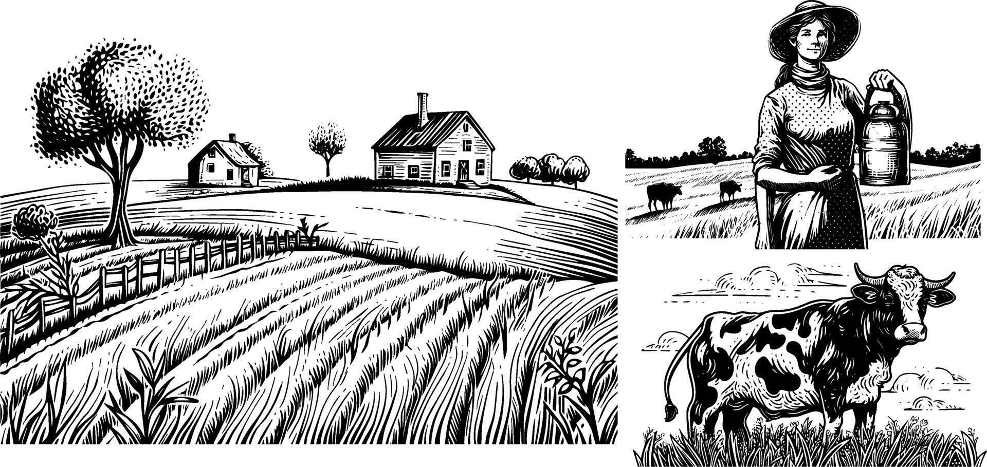 Vintage Sketch of a Happy Farmer with Cow in a Rustic Farm Setting, Featuring Milk Can and Rural Landscape. vector
