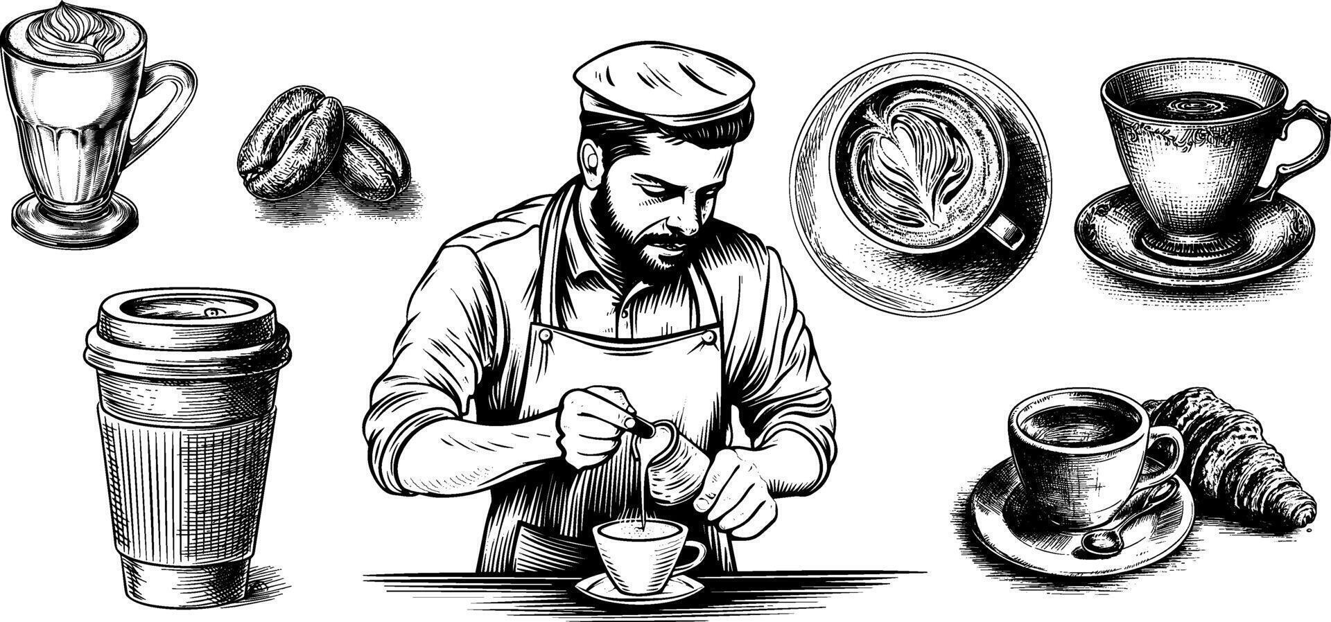 Vintage sketch of a barista with coffee and croissant. Hand-drawn illustration set of a man at a cafe, serving a cup and cake. vector