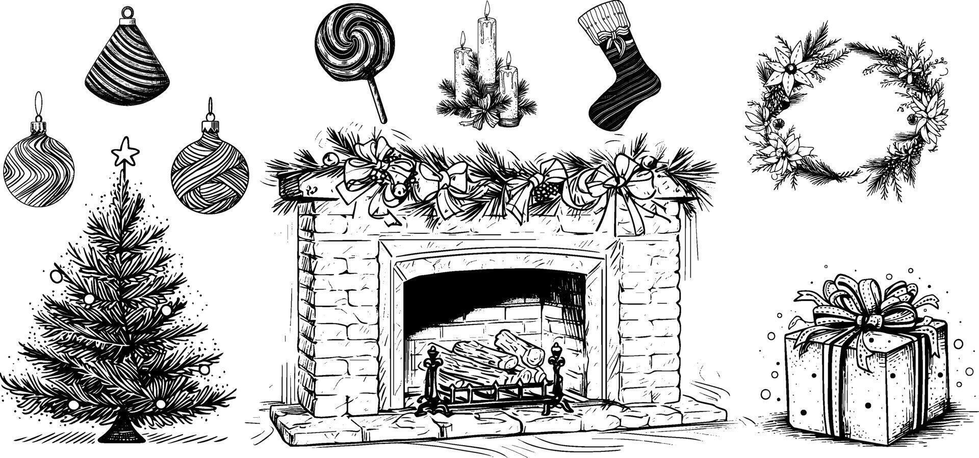 Vintage Christmas illustration set with hand-drawn tree, candles, and gifts by the fireplace. sketch of xmas decorations. vector