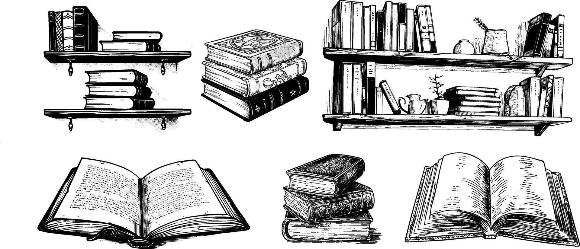 Vintage Book Shelf with Book Stack, Open Book Sketch Illustration Set. vector