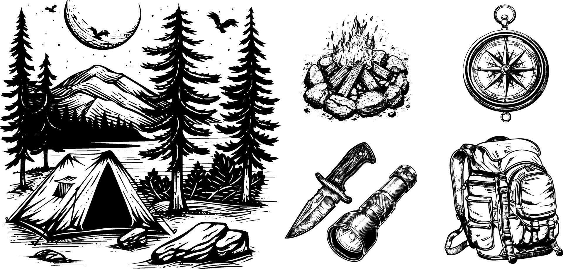 Sketch of a Campsite in the Mountains and Forest Campfire, Backpack, Compass, Knife, and Flashlight illustration set. vector