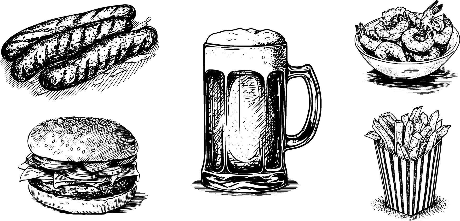 Sketch Set of Burger, Sausage, Shrimp, French Fries and Beer. Hand-Drawn Illustration of Fast Food. vector