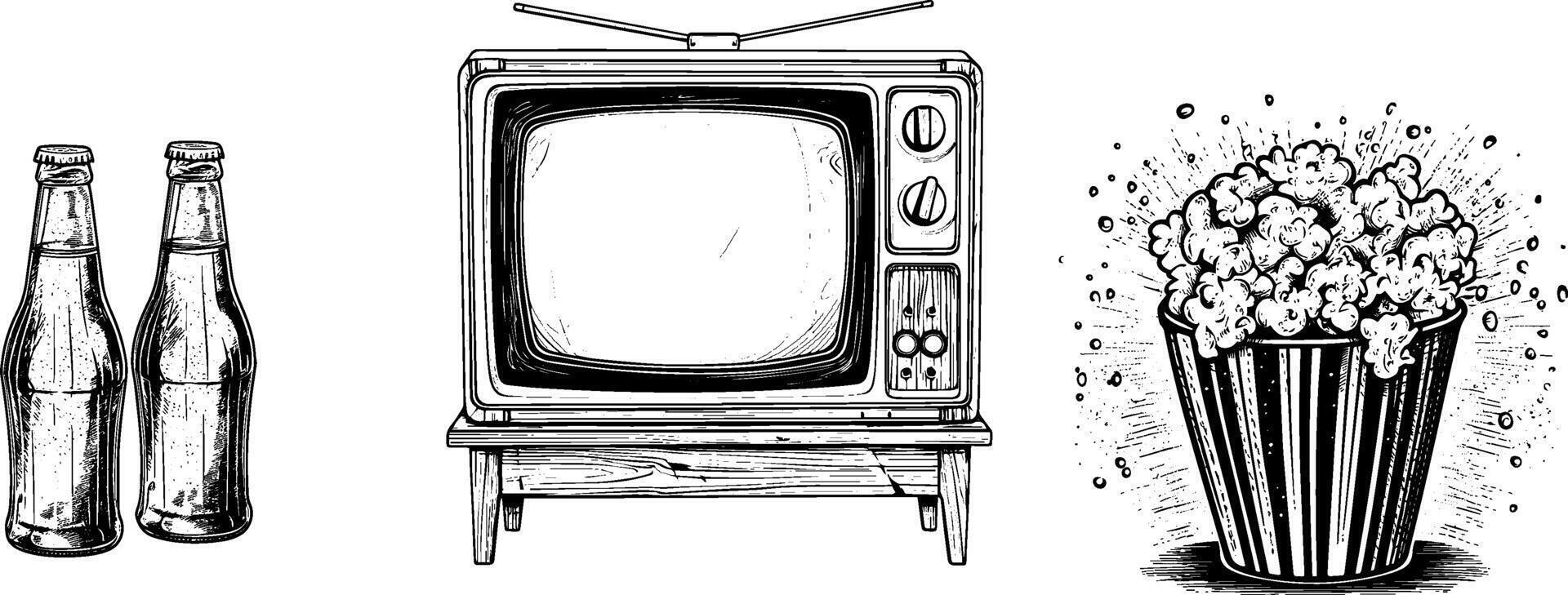 Vintage Soda Bottle Illustration with Popcorn, Cola, and TV in Retro Style, Hand-Drawn with Crafty Details and 70s Vibes. vector