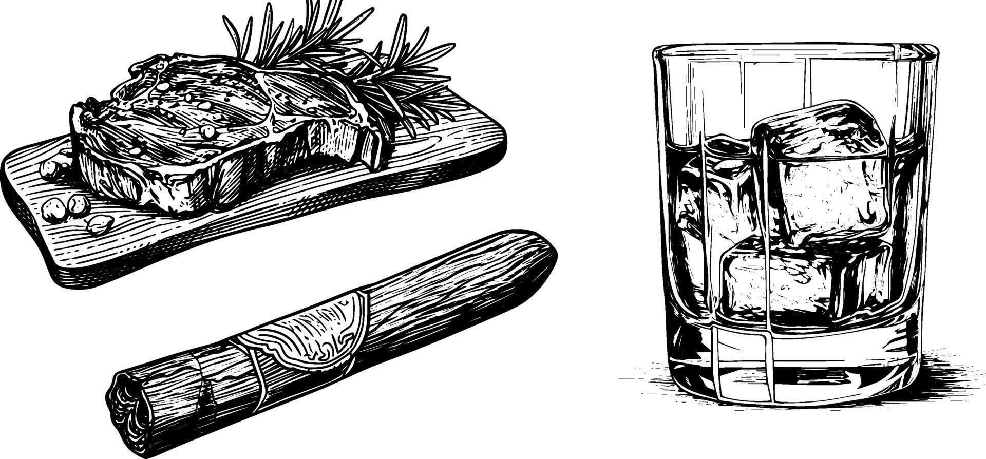 Vintage Sketch Illustration Set. Steak, Cigar, Whiskey and Ice. Hand-Drawn in Woodcut Style. vector