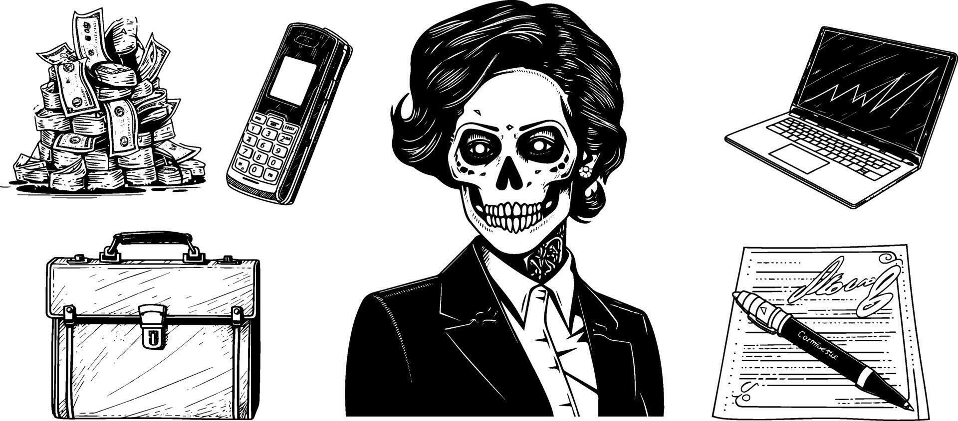 Engraved set of businesswoman character with laptop, briefcase, and phone. vector