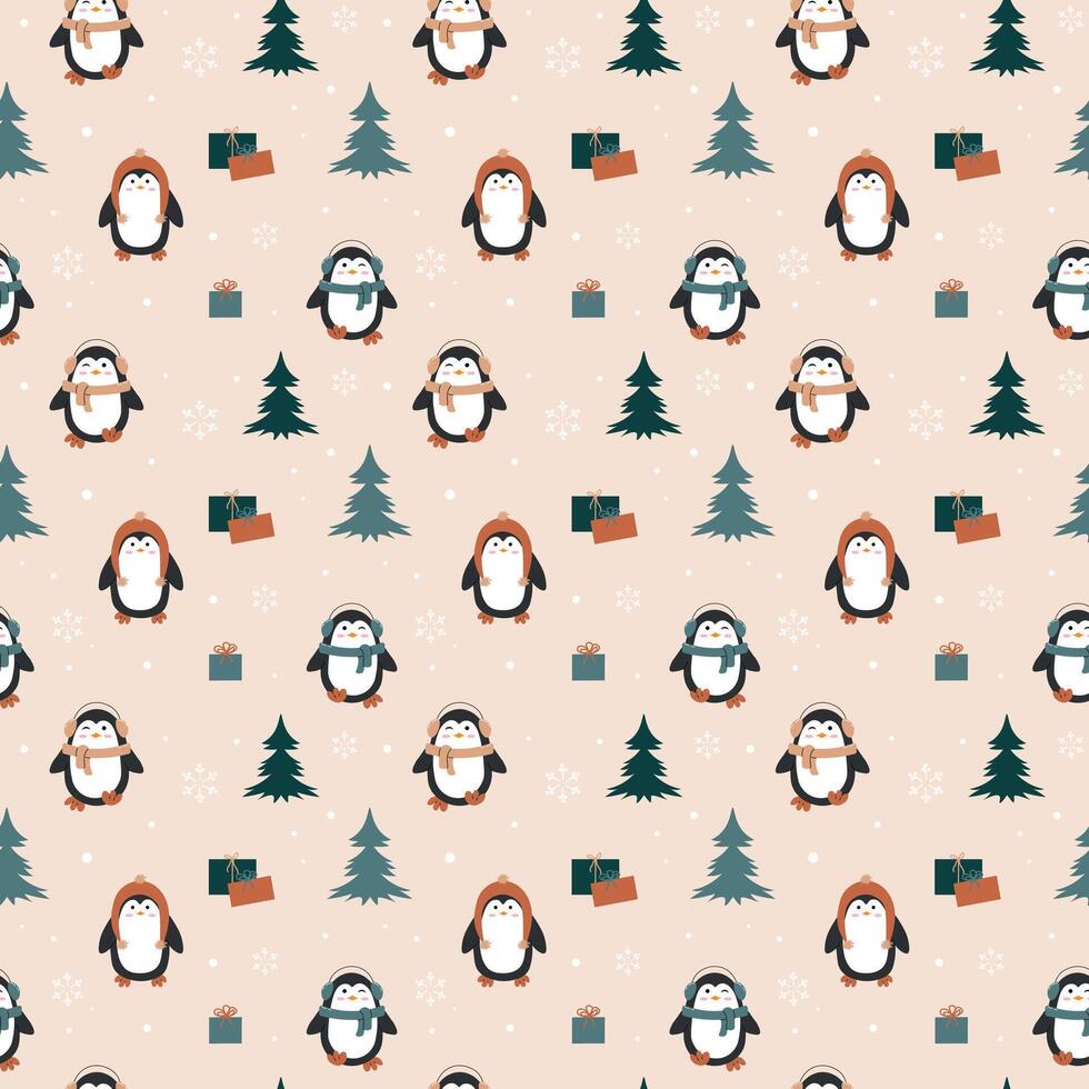 Christmas seamless pattern with penguins, Christmas trees and gifts on a beige background. illustration vector