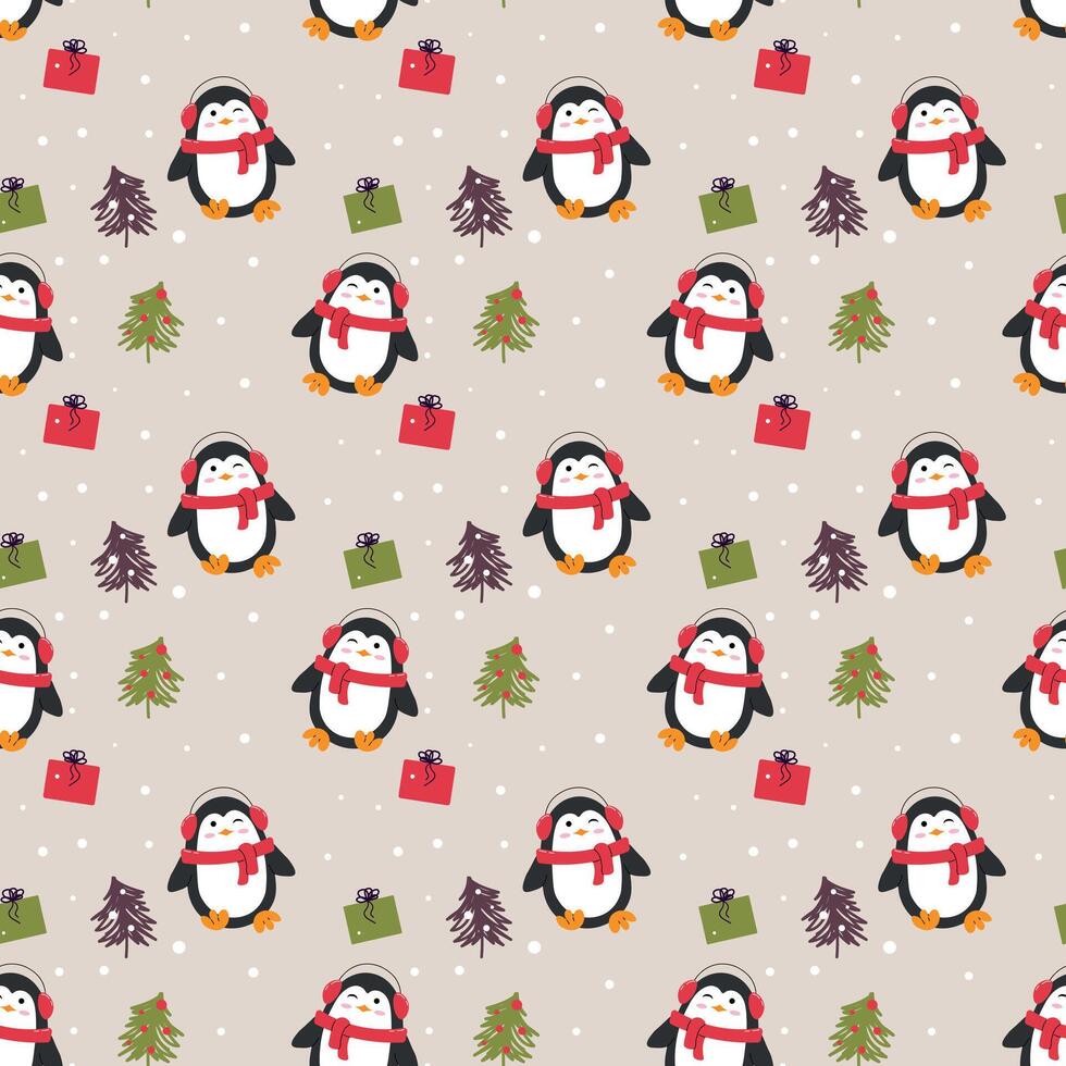 Seamless Christmas pattern with cute penguins, Christmas trees, gifts. illustration. Can be used for printing on textiles, children's clothing, wrapping paper, Christmas greeting cards vector