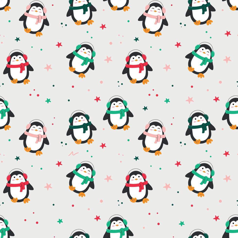 Seamless pattern with penguins in colored headphones. Christmas print for packaging, wrapping paper, textiles, greeting cards. vector