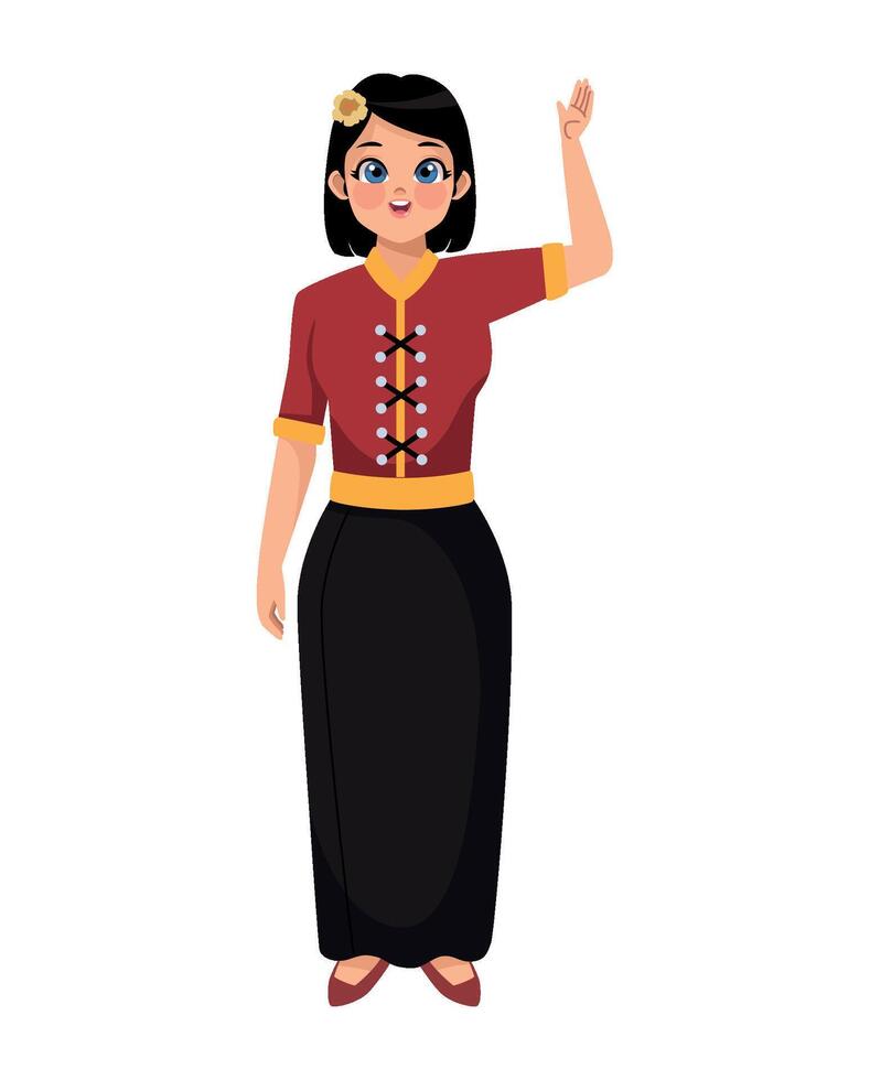 myanmar woman standing illustration design vector