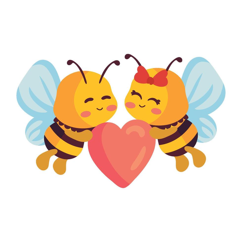 cute bees and heart illustration isolated vector