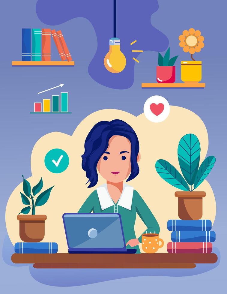 Virtual work of a girl on a laptop in a cozy office vector