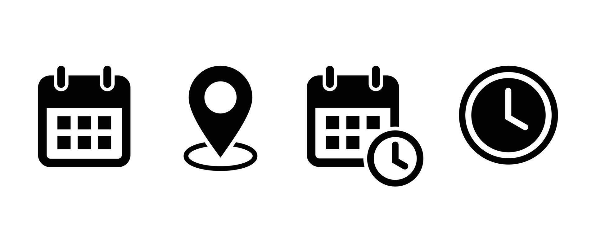 Time, date, and location icons. Calendar schedule date location time icon set vector